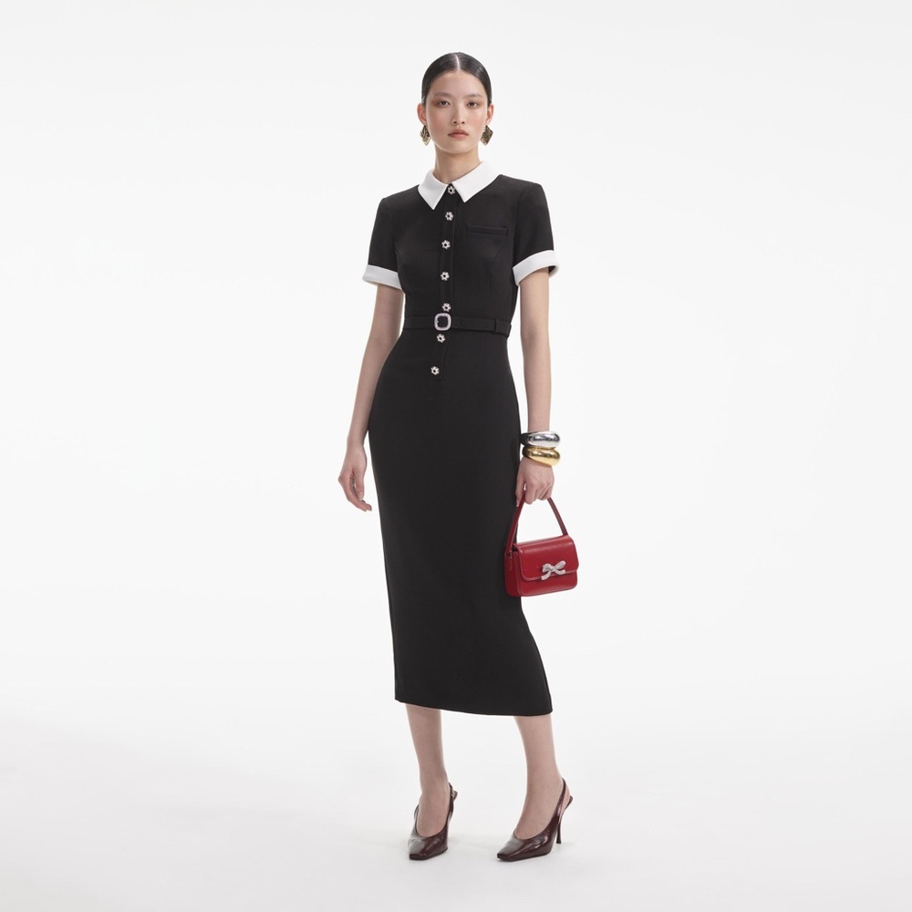 Self-Portrait Black Crepe Contrast Midi Dress, size 4 US, new without tags